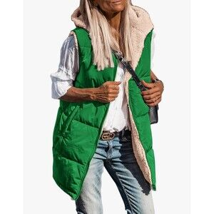 Pretty Garden Long Puffer/Sherpa Lined Vest SZ S Green Reversible Winter NWT